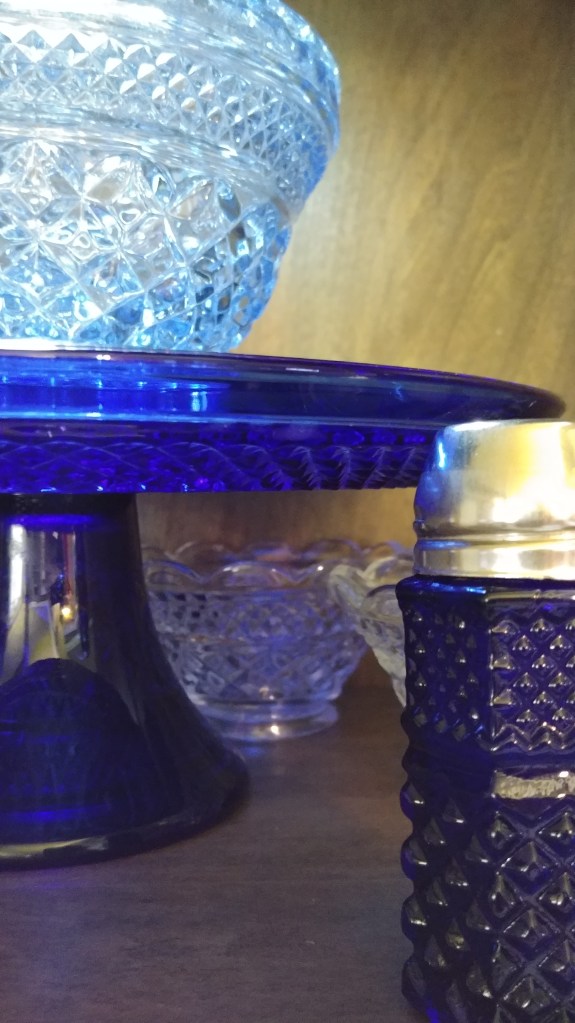 close-up detail of sapphire and cobalt blue Weford glass ( and a cobalt knock-off shaker)
