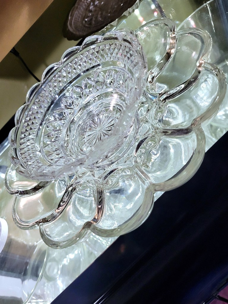 a Fairfield deviled egg plate paired with a Wexford six-inch scalloped bowl