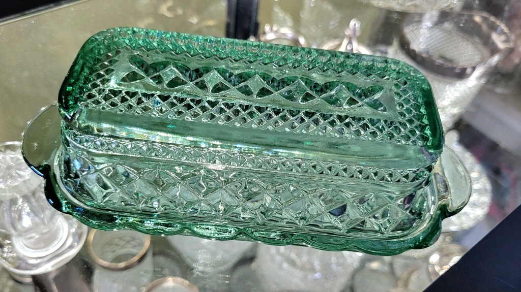 a green glass Wexford lidded butter dish