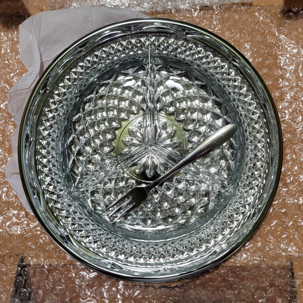 teh Heritage House relish set: Wexford 3-part relish dish and Kromex chrome fork and underplate