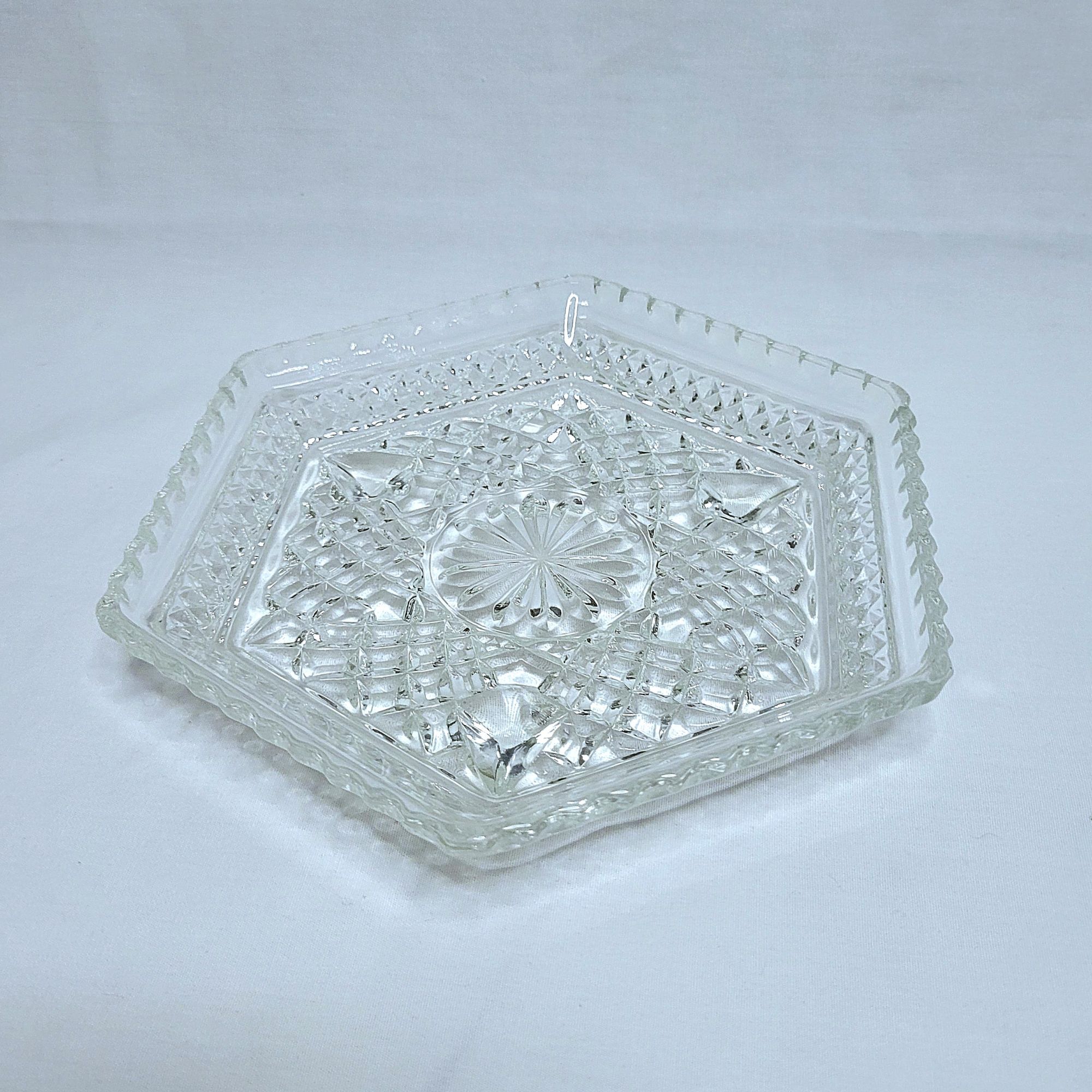 an image of Wexford vintage glassware by Anchor Hocking: featuring the 6-sided footed plate, or as I prefer: the hex plate.