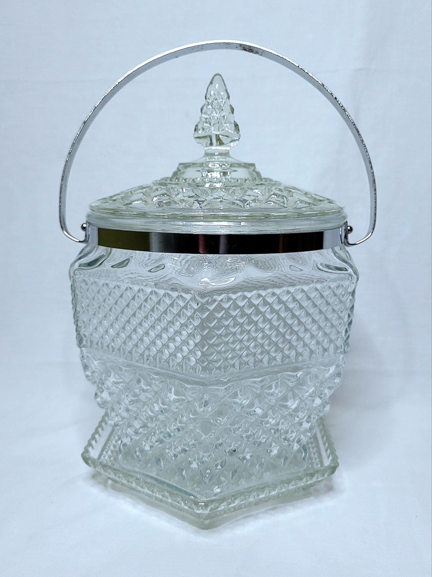 a grouping of Wexford vintage glassware by Anchor Hocking: a hexagonal plate with a chrome trimmed ice bucket. 