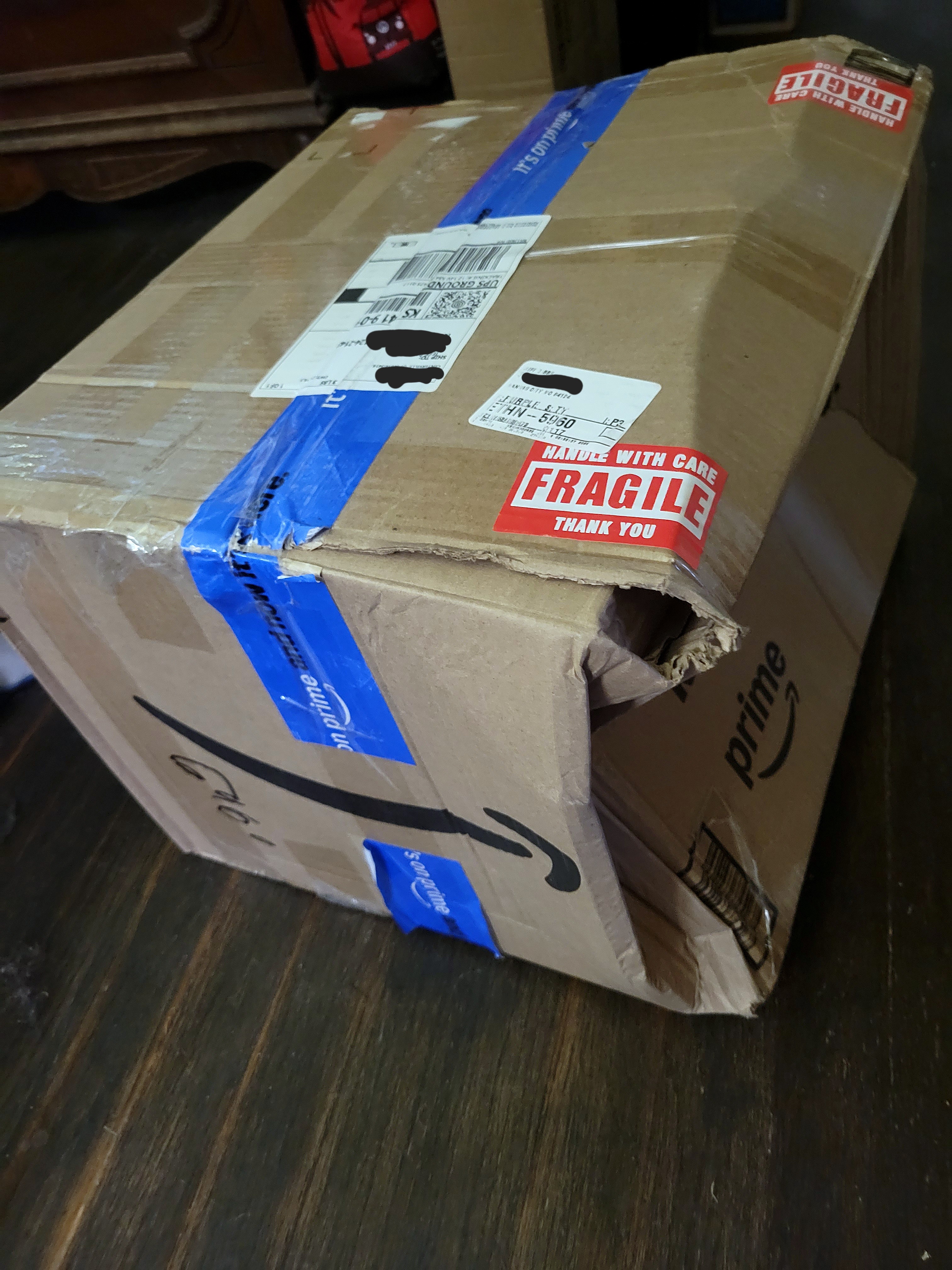 a crushed repurposed Amazon box. there was a very nice piece of glassware inside of it.